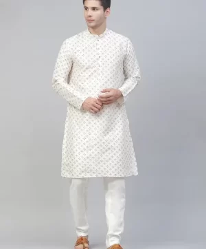 Men White Geometric Printed Straight Kurta