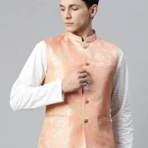 Men Woven Design Jaquard Silk Nehru Jacket