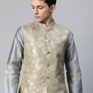 Men Woven Design Jaquard Silk Nehru Jacket