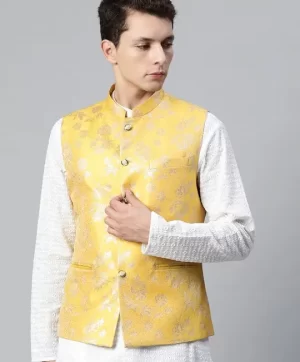 Men Yellow & Golden Ethnic Motifs Jaquard Woven Design Nehru Jacket
