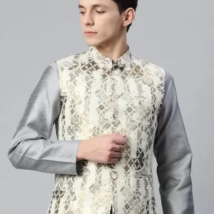 Men Woven Design Jaquard Silk Nehru Jacket