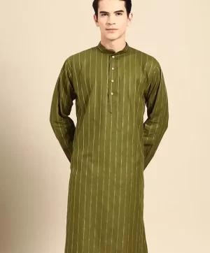 Striped Mandarin Collar Pure Cotton Straight Kurta