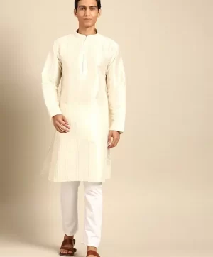 Striped Mandarin Collar Long Sleeve Straight Cotton Silk Kurta