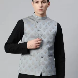 Men Woven Design Jaquard Silk Nehru Jacket