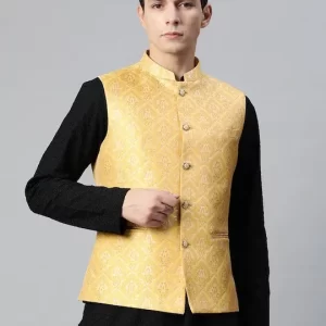 Men Woven Design Jaquard Silk Nehru Jacket