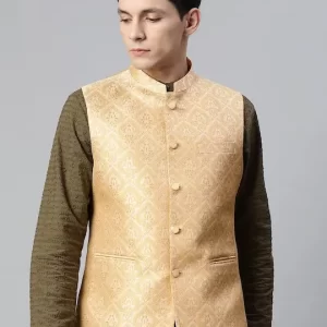 Men Beige & Gold Ethnic Motifs Jaquard Woven Design Nehru Jacket