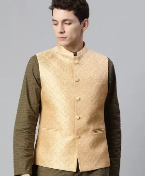 Men Beige & Gold Ethnic Motifs Jaquard Woven Design Nehru Jacket